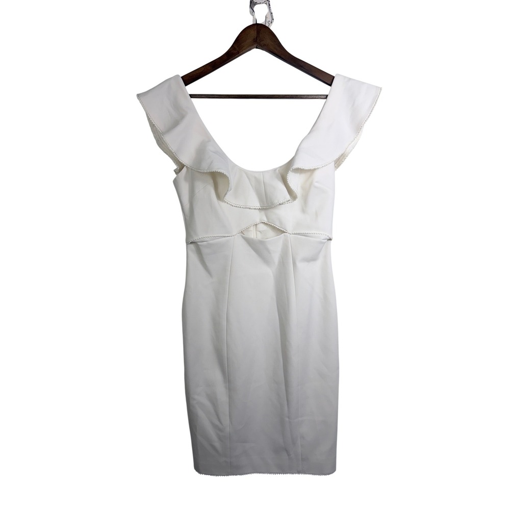 LIKELY White Ruffle Off Shoulder Cutout Sheath Dress Size 6 Picot Trim YD111-101